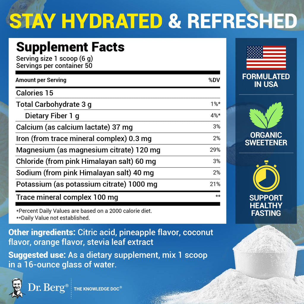 Dr. Berg Zero Sugar Hydration Keto Electrolyte Powder - Enhanced w/ 1000 mg of Potassium & Real Pink Himalayan Salt (NOT Table Salt) - Raspberry & Lemon Flavor Hydration Drink Supplement, 100 Servings
