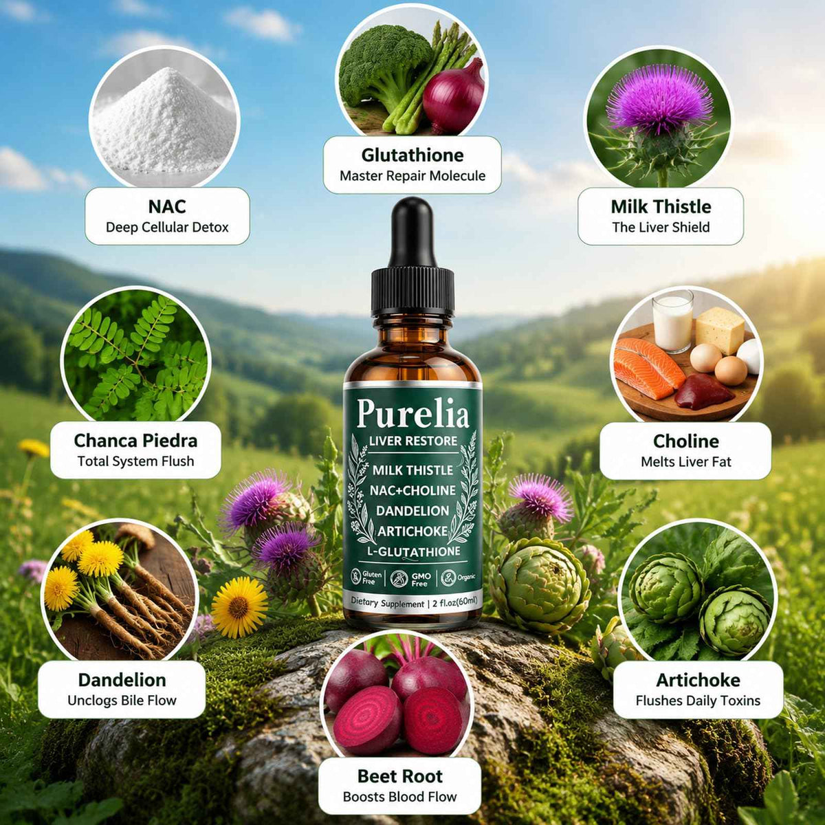 Purelia Liver Restore, 2.02FL OZ Liver Restore Drops, Complete Liver Support Supplement with Milk Thistle, Dandelion Root, L-Glutathione & Choline for Natural Balance & Liver Cleanse