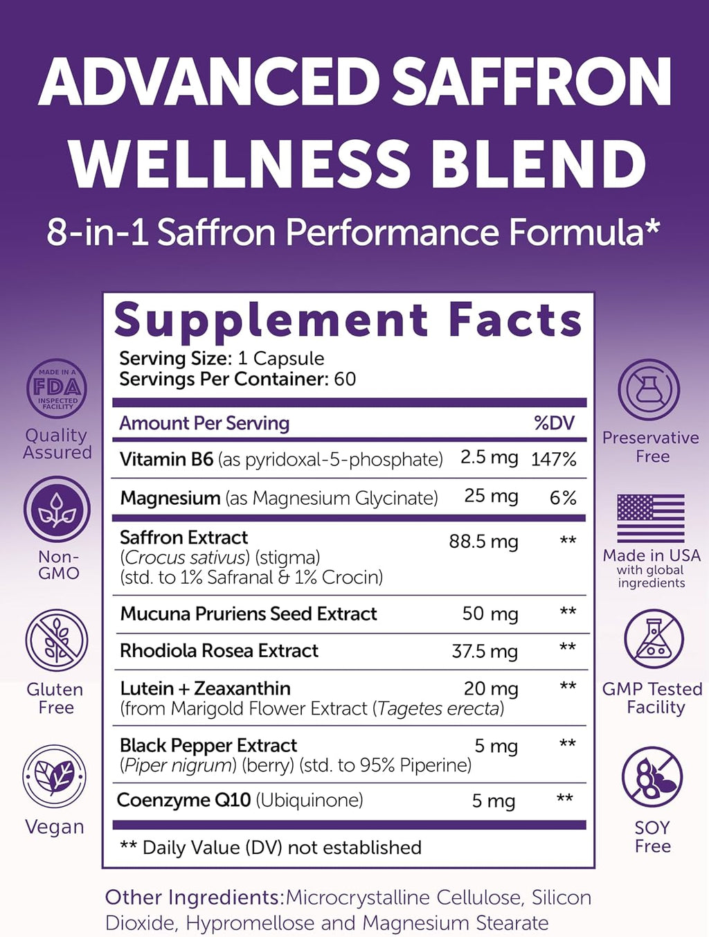 Lunakai USA Made Saffron+ Supplement for Adults, 88.5mg, 60 Day Supply | Non-GMO 8-in-1 Formula Saffron Extract Capsules | Daily Mood & Energy Support for Men & Women