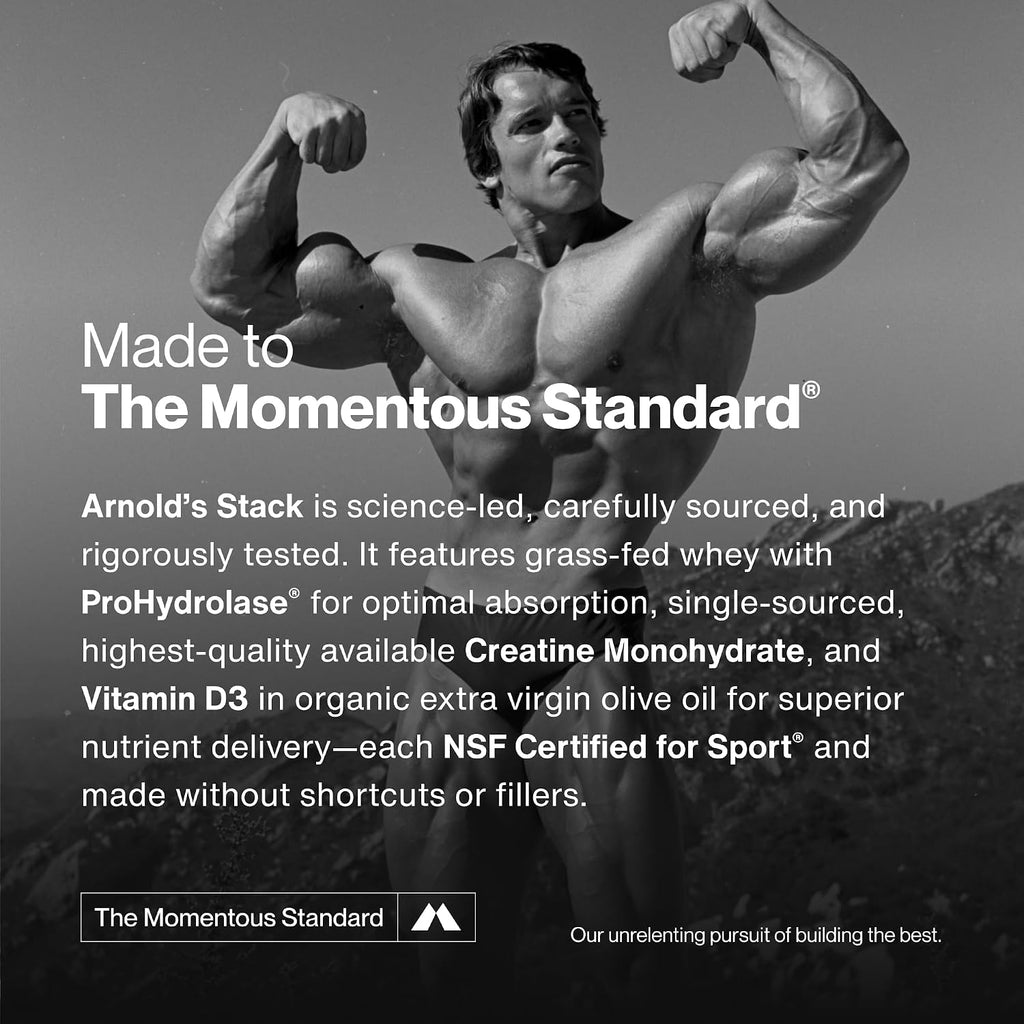 Momentous Arnold's Stack - Creatine Monohydrate Powder, Essential Grass-Fed Whey Protein Powder (Unflavored) & Vitamin D3 (2000 IU) - Daily Fundamentals to Support Muscle Strength & Longevity