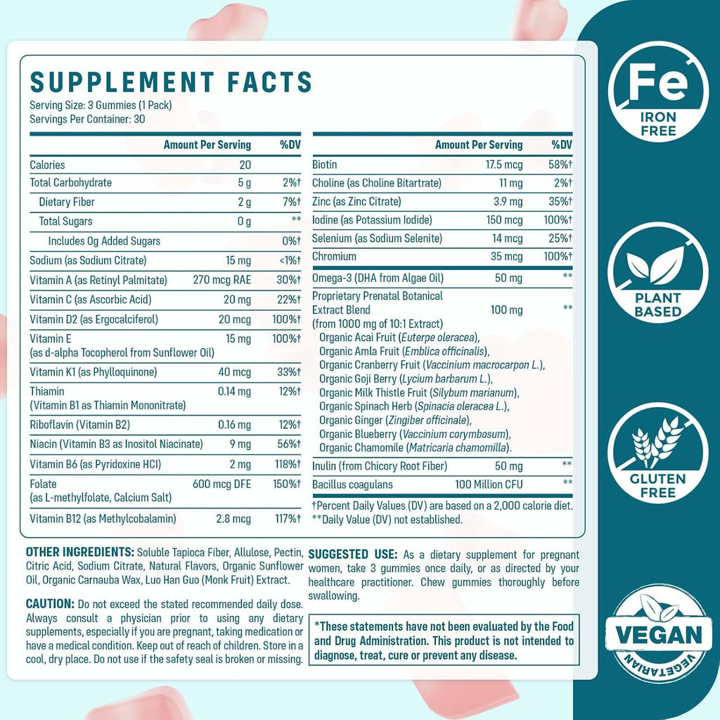 Quorinthiumax Prenatal Gummies Sugar Free 180 Count - Organics Prenatal Vitamins for Women with Folate, DHA & Probiotics - Iron Free Prenatal Vitamin Gummies for Immune & Digestive - 2 Bottles