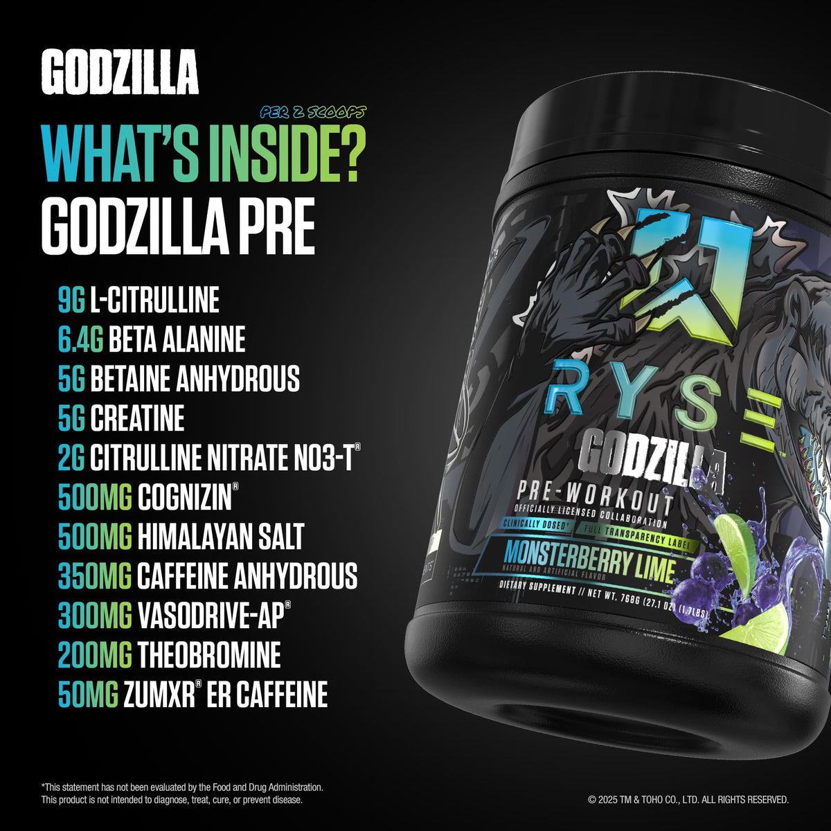 RYSE Godzilla X Noel Deyzel Pre Workout Powder - Monsterberry Lime - 400mg Caffeine, High Stim Pre-Workout for Men & Women with Citrulline & Beta Alanine - Energy, Pump & Focus - 20/40 Servings