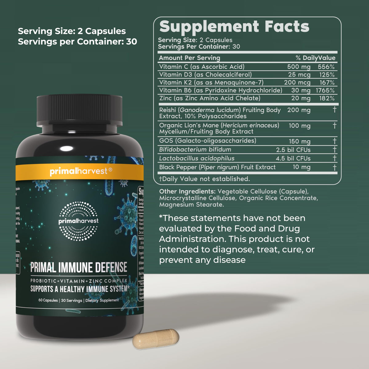 Primal Harvest Immune Defense - Daily Supplement, Gluten & Soy Free