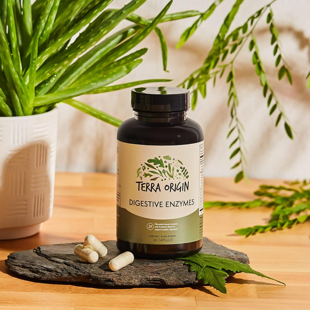 TERRA ORIGIN Digestive Enzymes with Probiotics & Prebiotics | 60 Capsules | Supports Digestive Gut Health | Non GMO, Gluten Free, Vegan | for Women and Men