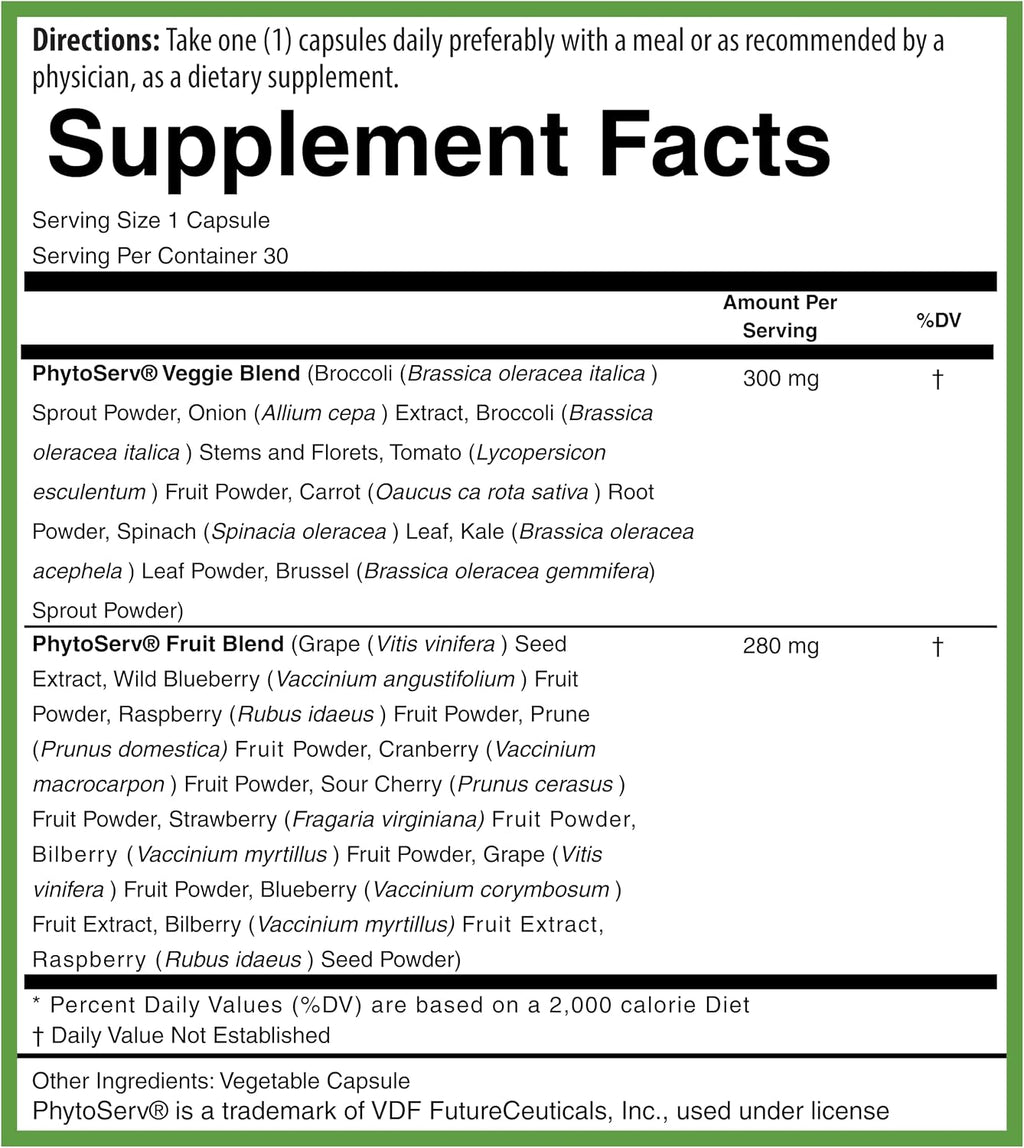 PURE® Greens & Reds Capsules - 30 Servings - 9 Daily Servings of Fruits & Vegetables in 1 Capsule - PhytoServ® Superfood Blend with Broccoli, Kale & Berries - Plant-Based Phytonutrient Shield