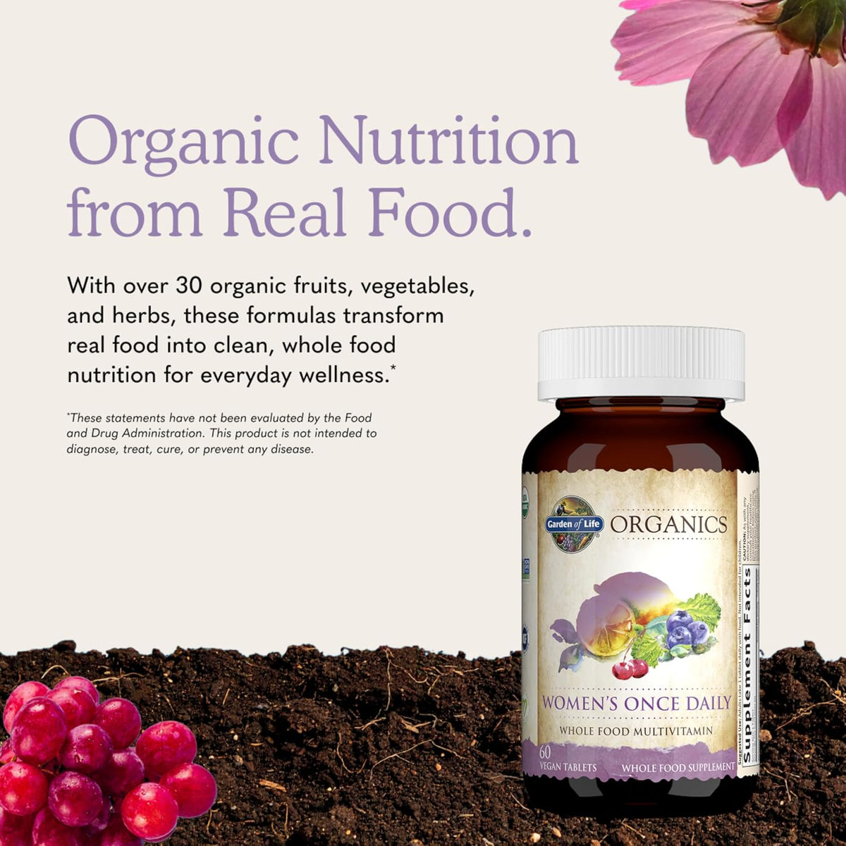 Garden of Life Organics Multivitamin for Women - Women's Once Daily Multi - Whole Food Multi with Iron, Biotin, Vegan Organic Womens Multivitamin for Health, Energy Hair Skin and Nails, 60 Tablets | Women's Once Daily, Whole Food Multi with Iron, Biotin,