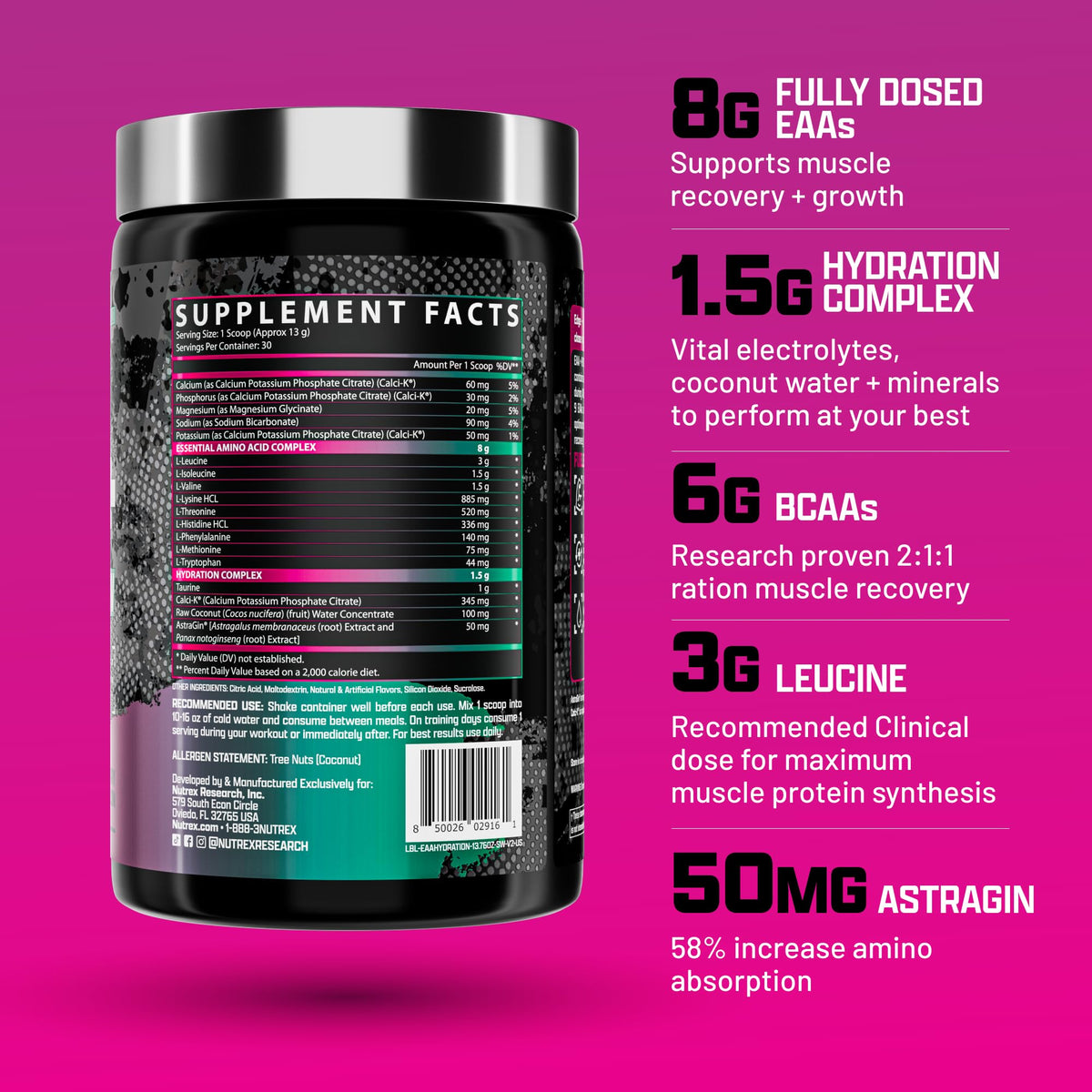 Nutrex Research EAA Hydration | EAAs + BCAA Powder | Muscle Recovery, Strength, Muscle Building, Endurance | 8G Essential Amino Acids + Electrolytes | Strawberry Watermelon 30 Serving