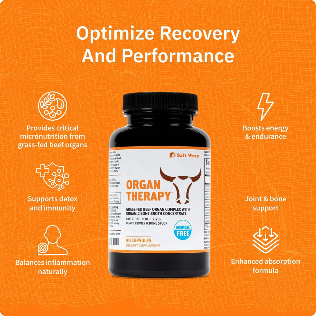 SaltWrap Organ Therapy - Grass Fed Beef Organ Meat Complex Supplement with Organic Bone Broth Concentrate (Beef Liver, Heart, Kidney and Bone Broth Capsules with BioPerine) Desiccated, 90 Capsules | Manufactured in USA, Grass-Fed & Freeze-Dried Heart and