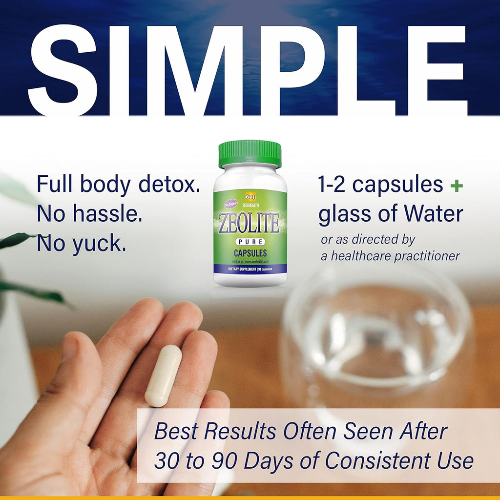 Zeolite Pure Capsules | Zeolite Detox, Extra Strength | Pure, Full Body Cleanse for Women, Men | Activated Organic, Food Grade Clinoptilolite Powder 94%, 90 Caps (81 Grams), 6 Wk to 3 Mo Supply