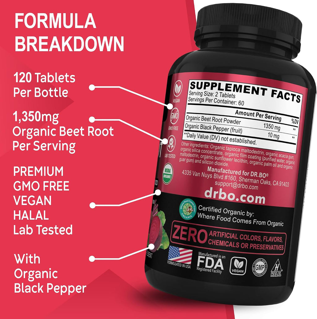 Organic Beet Root Capsules Supplements - 1350mg Beetroot Powder Extract Pills, Organic Beet Root Powder Supplement, Super Nitric Oxide Beets High Circulation Total Vitamins Support - 120 Beets Tablets