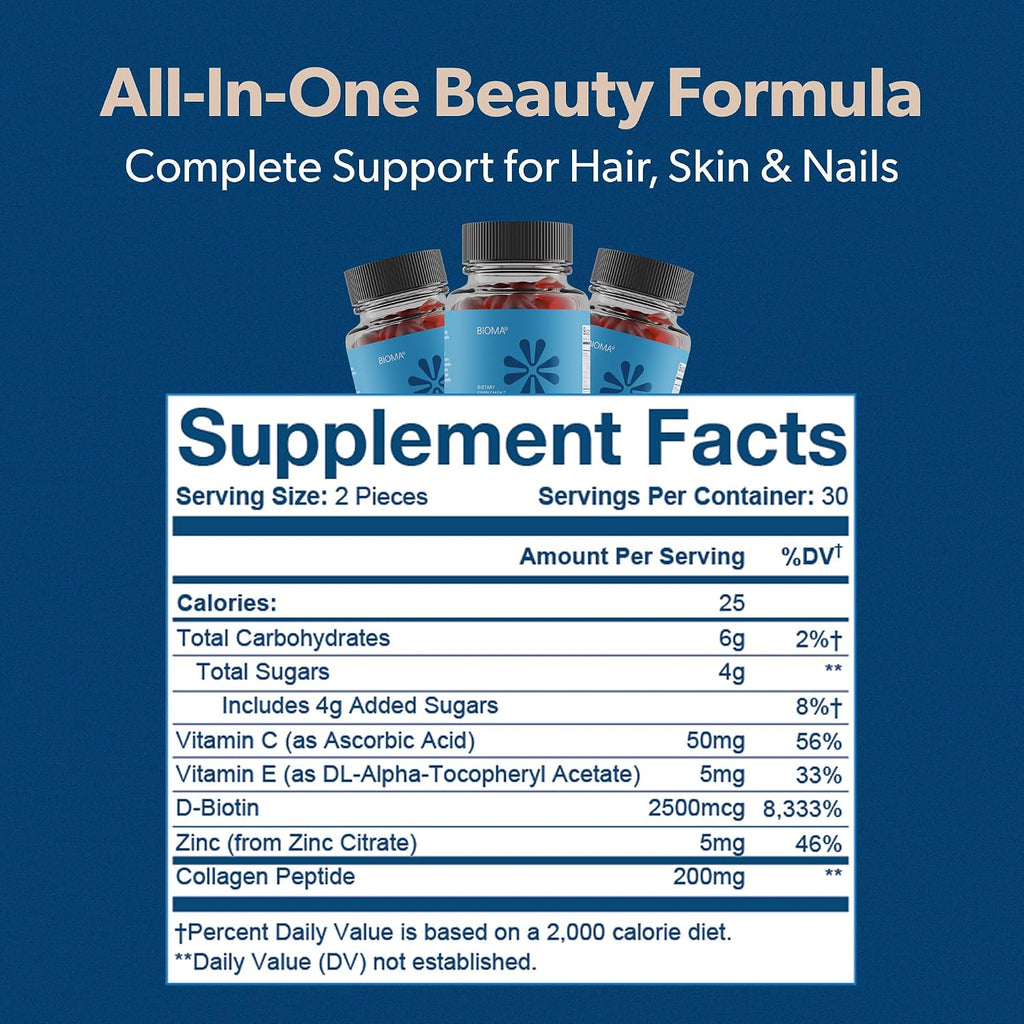 BIOMA Hair, Skin & Nails Beauty Gummies - Supports Growth & Strength with Biotin, Collagen, Zinc & Vitamins C & D - Gluten-Free - 60 Gummies (30-Day Supply)