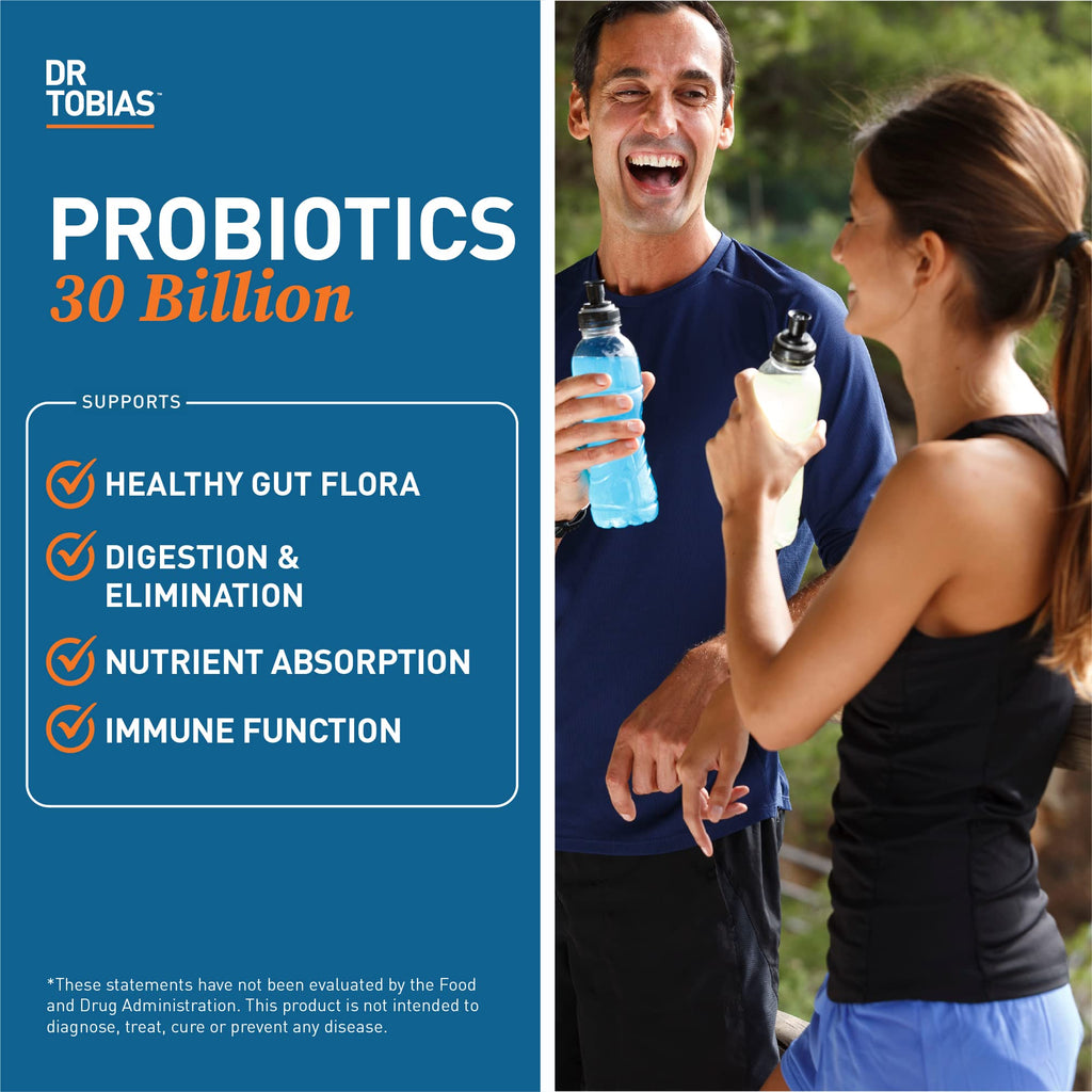 Dr. Tobias Probiotics 30 Billion, 10 Strains, 30 Billion CFU's, Targeted Release Probiotics for Women & Men, Supports Digestive Health, Shelf-Stable,