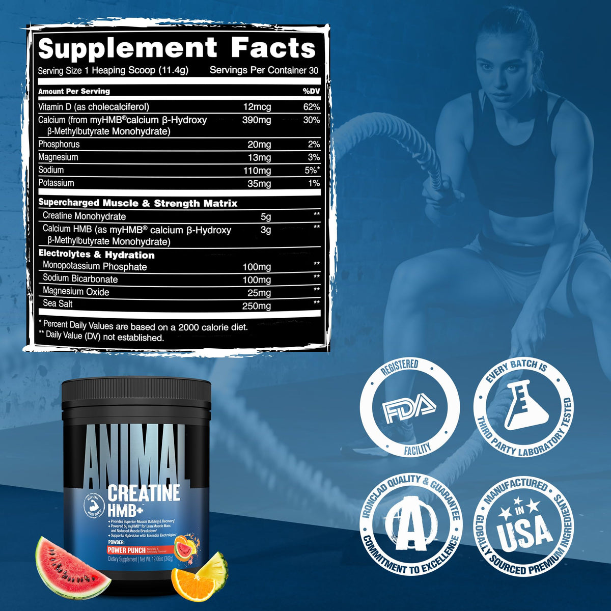 Animal Creatine HMB Powder – 3g myHMB + 5g Creatine with Electrolytes for Recovery & Daily Energy – Power Punch Flavor, 30 Servings