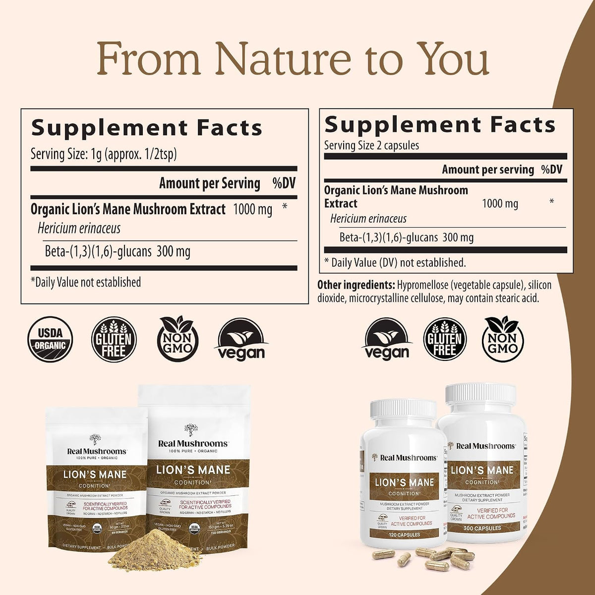 Real Mushrooms Lions Mane (120ct) and Cordyceps (120ct) Capsules Bundle - Mushroom Supplement for Cognition, Energy and Endurance