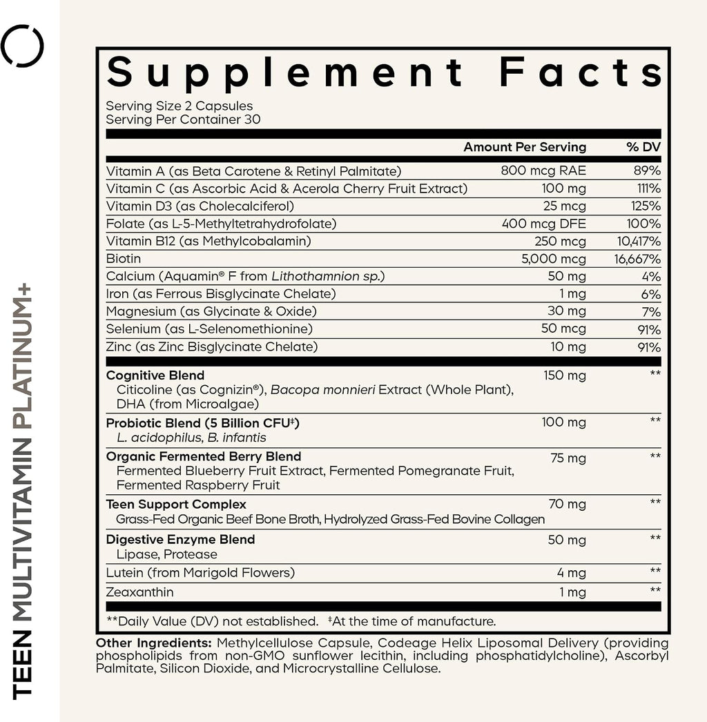 Codeage Teen Multivitamin+ Platinum Supplement - Vitamins A, C, D3, E, B6, B12, Minerals, Probiotics, Citicoline, Collagen, Bone Broth, Folate, Biotin, Lutein, Zeaxanthin - Non-GMO - 60 Capsules
