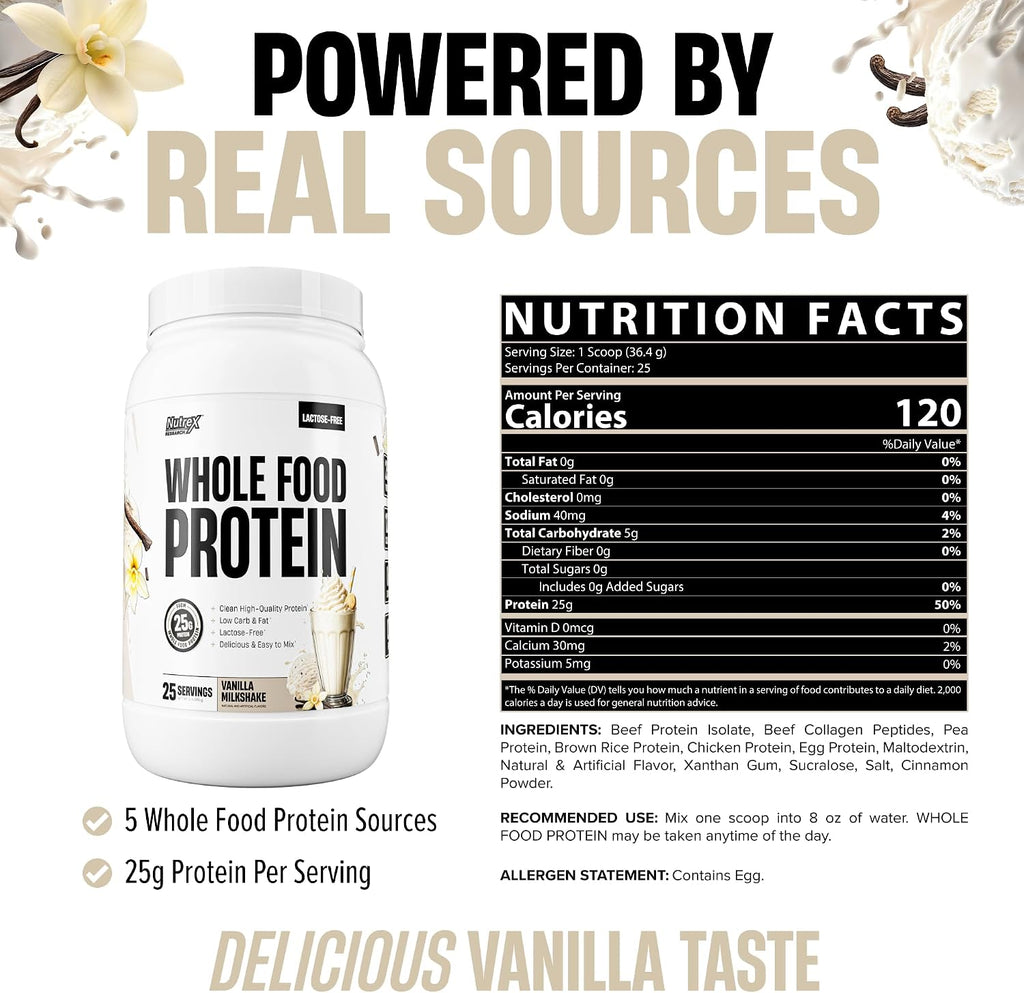 Whole Food Protein Powder - 25g Protein per Scoop, Lactose Free Protein with Beef Isolate, Collagen, Pea, Brown Rice, Chicken & Egg Protein, 0G Sugar, Keto Friendly, Vanilla Milkshake 25 Serv