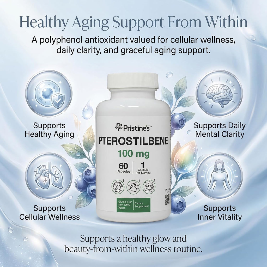 PRISTINE'S Pterostilbene 100mg Healthy Aging Capsules, Vegan, 60 Day Supply | Antioxidant and healthy aging support in a focused polyphenol capsule. 60 day supply, vegan, non-GMO, gluten-free glass.