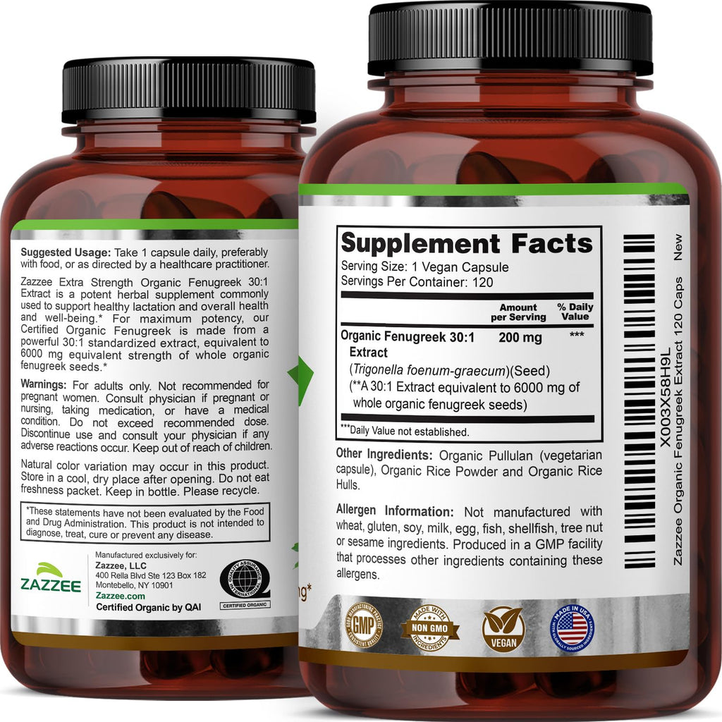 Zazzee USDA Organic Fenugreek 30:1 Extract, 120 Vegan Capsules, 4 Month Supply, Breastfeeding & Lactation Support for Nursing Mothers, Organic Herbal Supplement, All-Natural, Non-GMO, Made in the USA