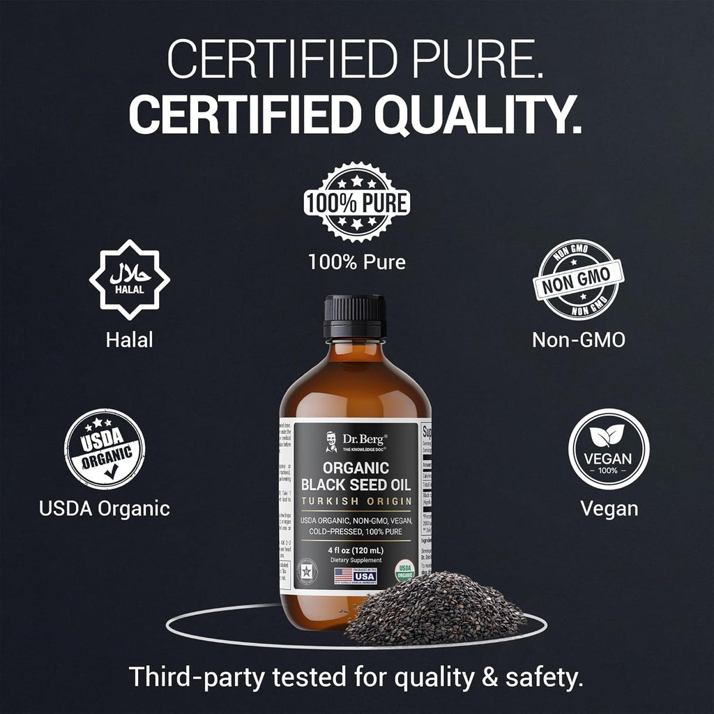Dr. Berg Black Seed Oil Organic Cold Pressed – Pure Nigella Sativa Black Cumin Oil – USDA Organic, Halal, Vegan – for Hair, Skin, Immune Support – Unrefined Liquid – 4 oz Glass Bottle