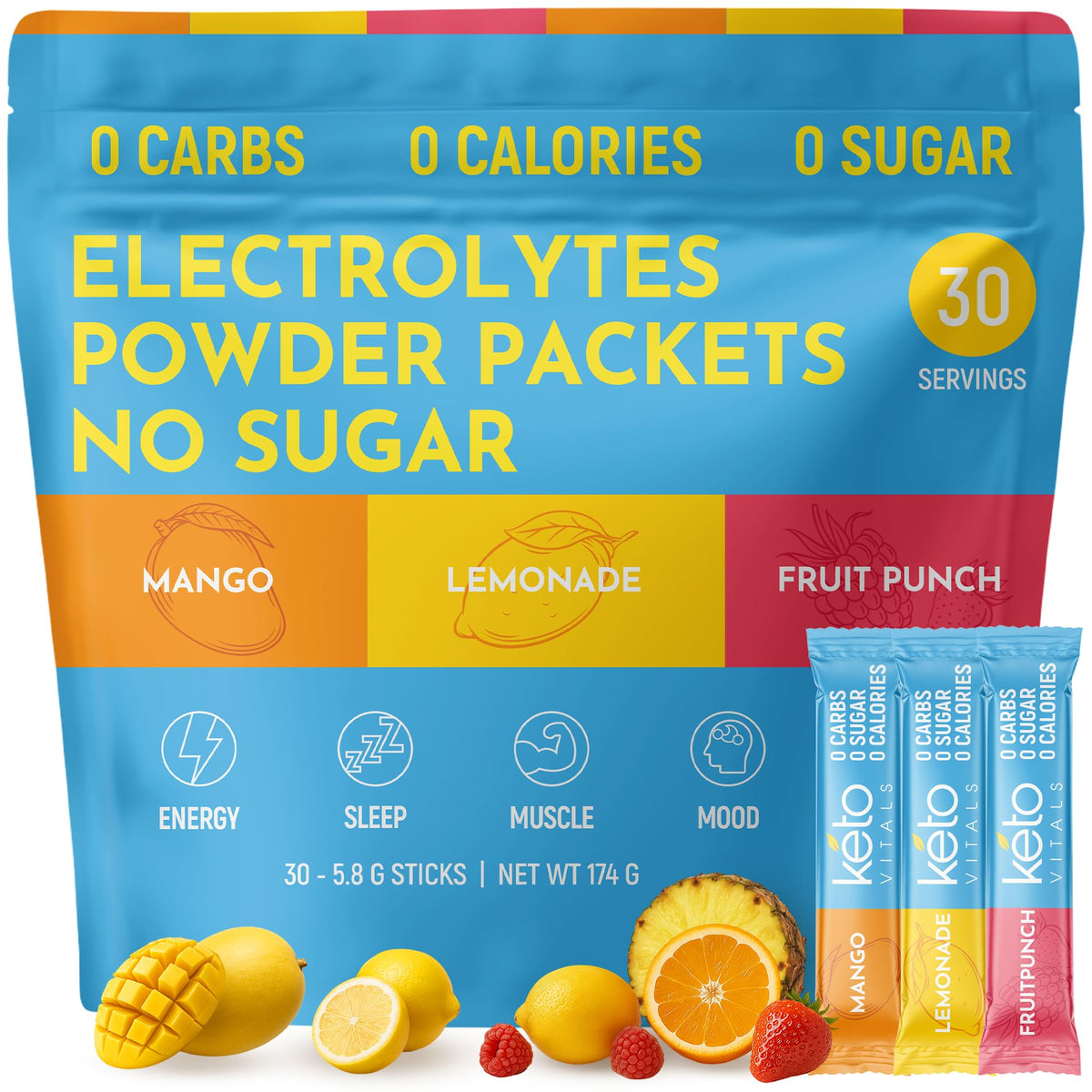 Keto Vitals Original Electrolytes Powder Packets | Keto Friendly Electrolyte Hydration Packs | Sugar Free Electrolytes | Energy Drink Mix | Zero Calorie Zero Carb (Original Assorted, 30 Count)
