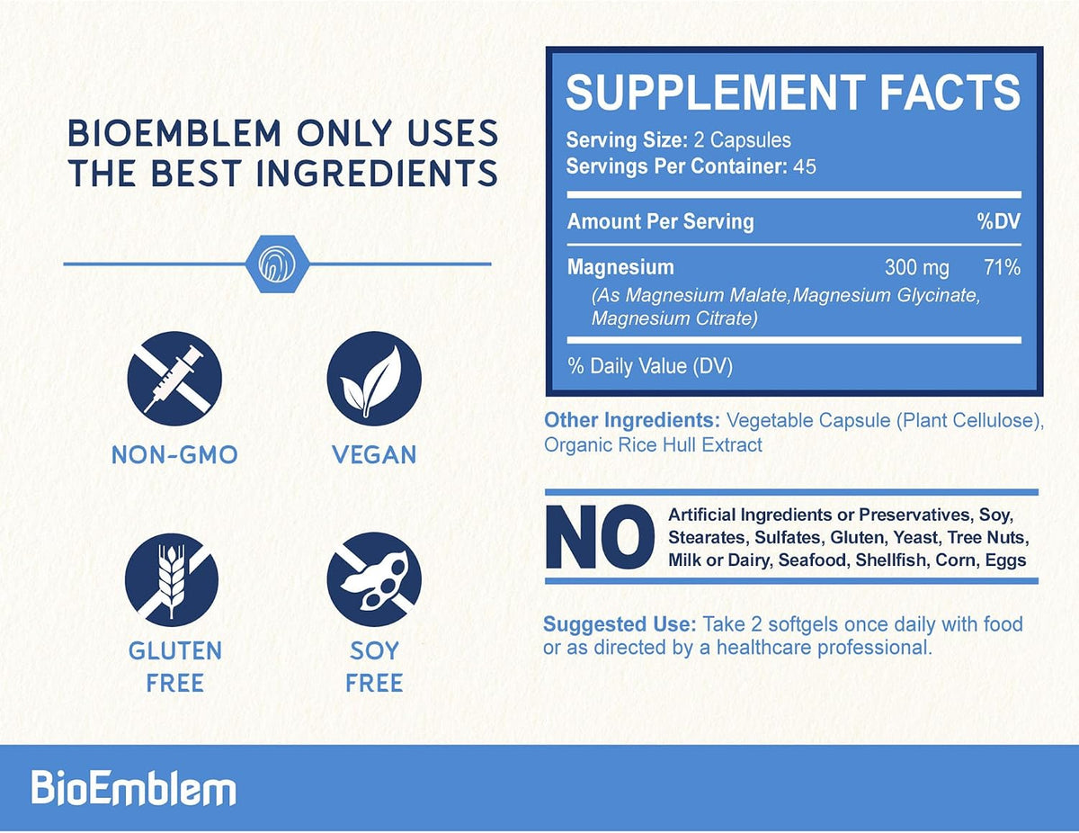 BioEmblem Triple Magnesium Complex | 300mg Magnesium Glycinate, Malate & Citrate | High Absorption Chelated Formula | Vegan, Non-GMO, Gluten-Free | 90 Capsules