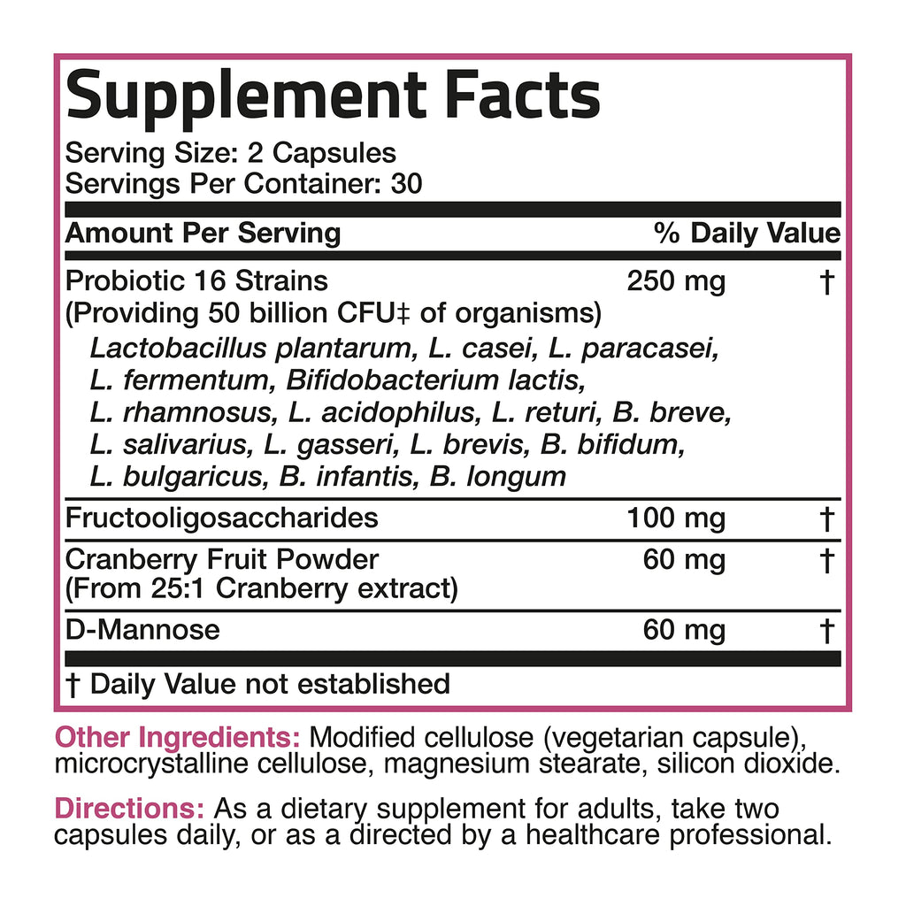 Bronson Women's Probiotic 50 Billion CFU + Prebiotic with Cranberry & D-Mannose – Vaginal Health, Healthy Digestion, Immune Function and Urinary Tract Support, Non-GMO, 60 Vegetarian Capsules