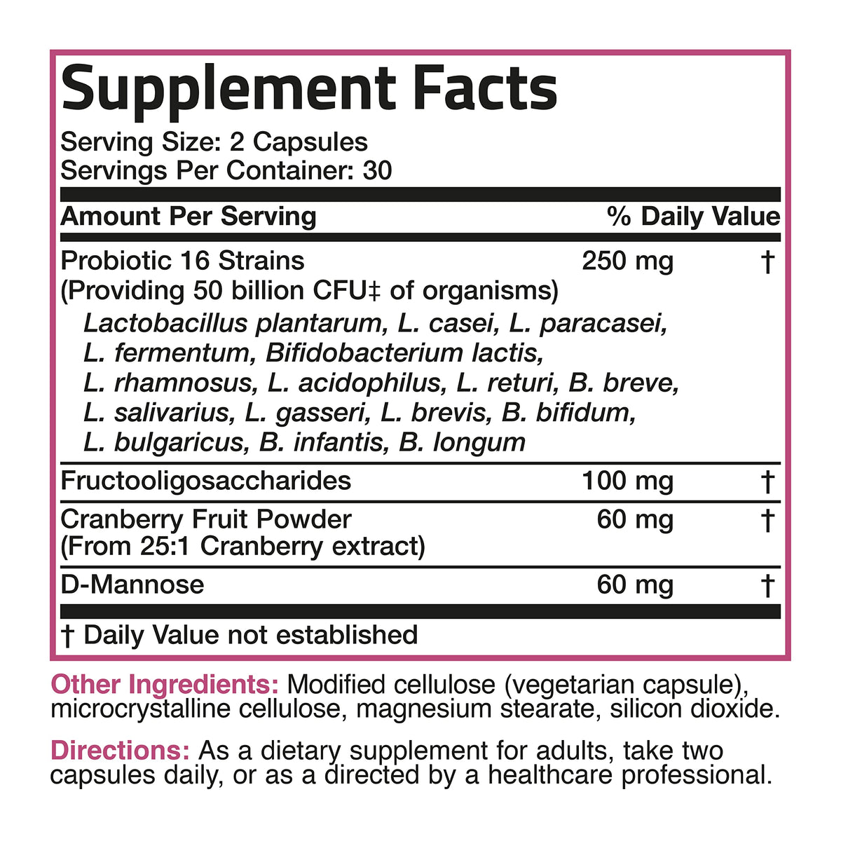 Bronson Women's Probiotic 50 Billion CFU + Prebiotic with Cranberry & D-Mannose – Vaginal Health, Healthy Digestion, Immune Function and Urinary Tract Support, Non-GMO, 60 Vegetarian Capsules