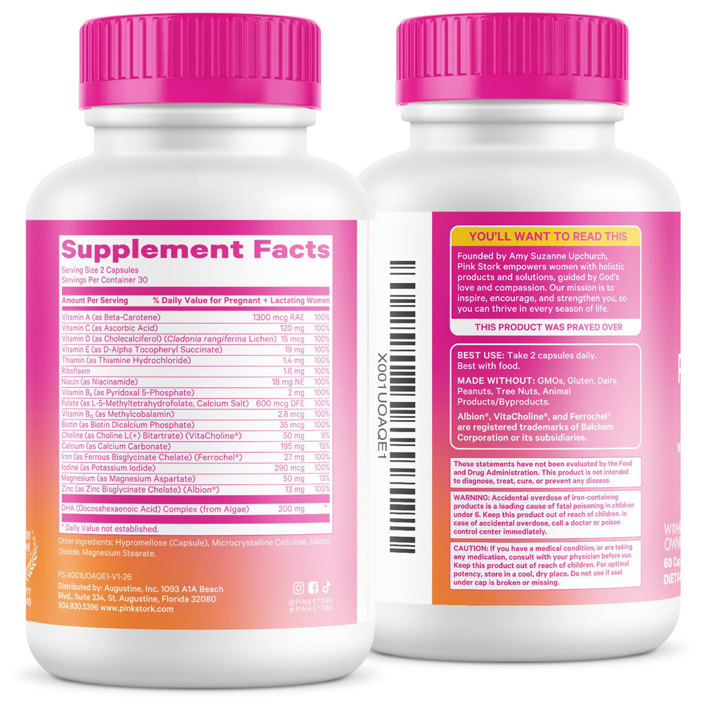 Pink Stork Total Prenatal Vitamins, No Fishy Burps, 60 Capsules, Berry | Clean Label Award, Support Fetal Development, Vegan DHA, Methylfolate, Iron, Choline, Vitamin B12, Pregnancy Essentials,