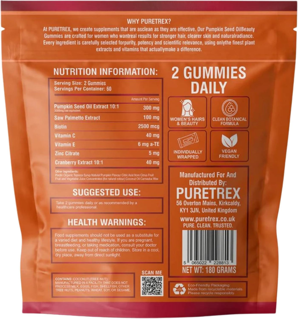 Pumpkin Seed Oil Beauty Gummies 3000mg, Saw Palmetto, 120 Vegan Chewables for Women Hair Growth, Strength, Skin Radiance, Biotin 2500mcg, Vitamin C, E, Zinc, Selenium, BioPerine, Pectin, Made in UK