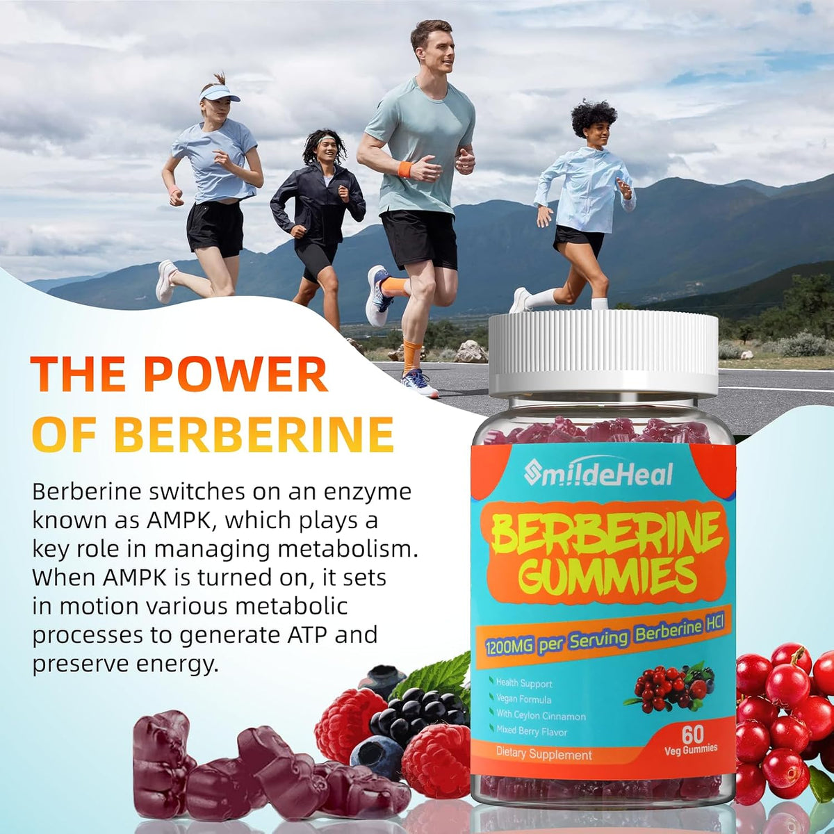 Berberine Gummies 1200mg with Ceylon Cinnamon 200mg, Milk Thistle Extract & Turmeric, Vegan Berry Flavor, Non-GMO, Gelatin-Free, Gluten-Free, 60 Count