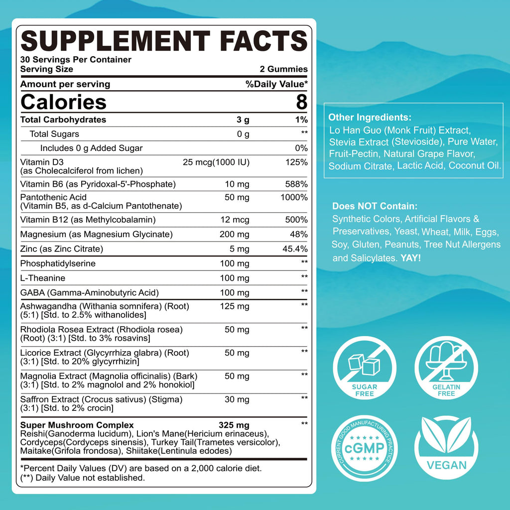 Cortisol Gummies for Women & Men, Sugar Free Cortisol Reducer Supplements w/ Magnesium, Ashwagandha, Mushroom, L-theanine, Rhodiola, Vitamin B6 B12 for Cortisol Detox, Relax, Sleep Support 2 Pack