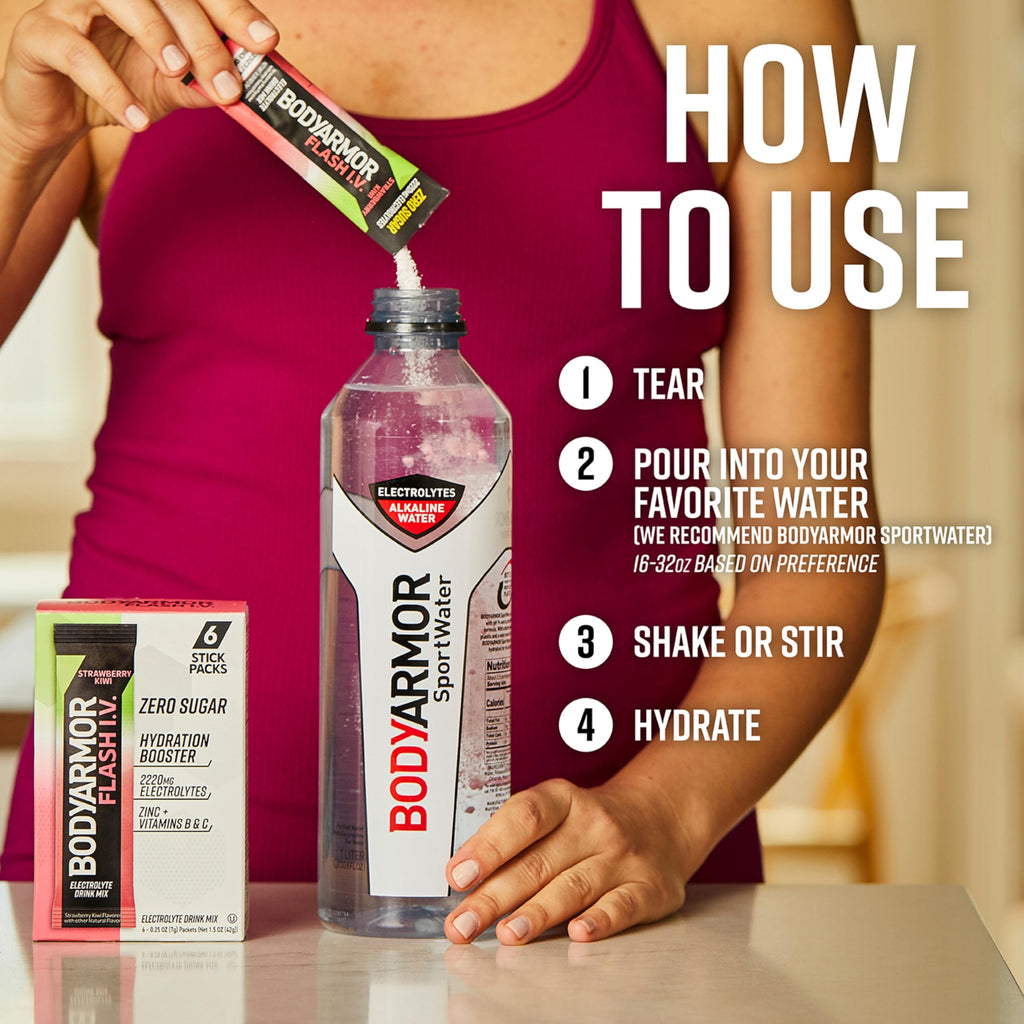BODYARMOR Flash IV Electrolyte Packets, Strawberry Kiwi - Zero Sugar Drink Mix, Single Serve Packs, Coconut Water Powder (6 Count)