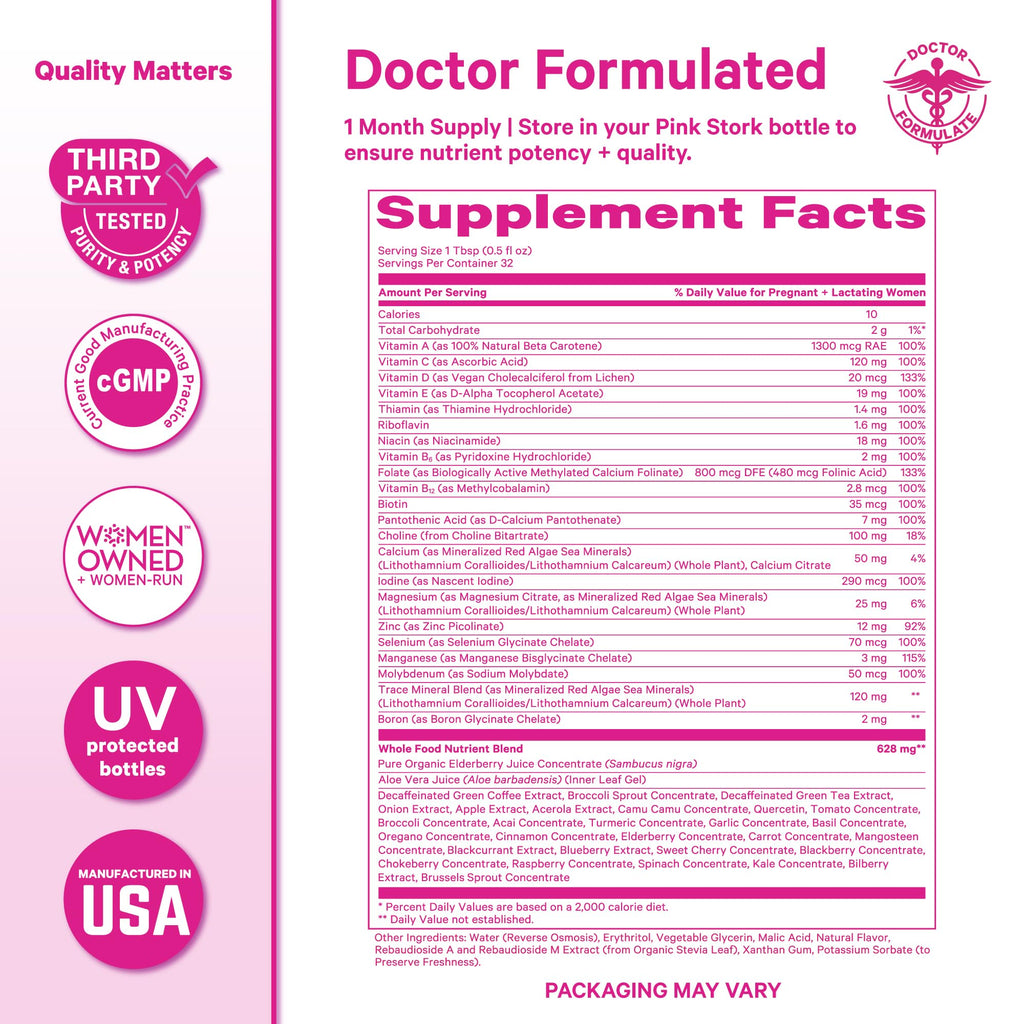 Pink Stork Liquid Prenatal Vitamins for Women – Berry, 32 Servings | Doctor Formulated, Organic Whole-Food Blend, Methylated Folate, Sugar-Free, Fertility to Postpartum, Breastfeeding Friendly