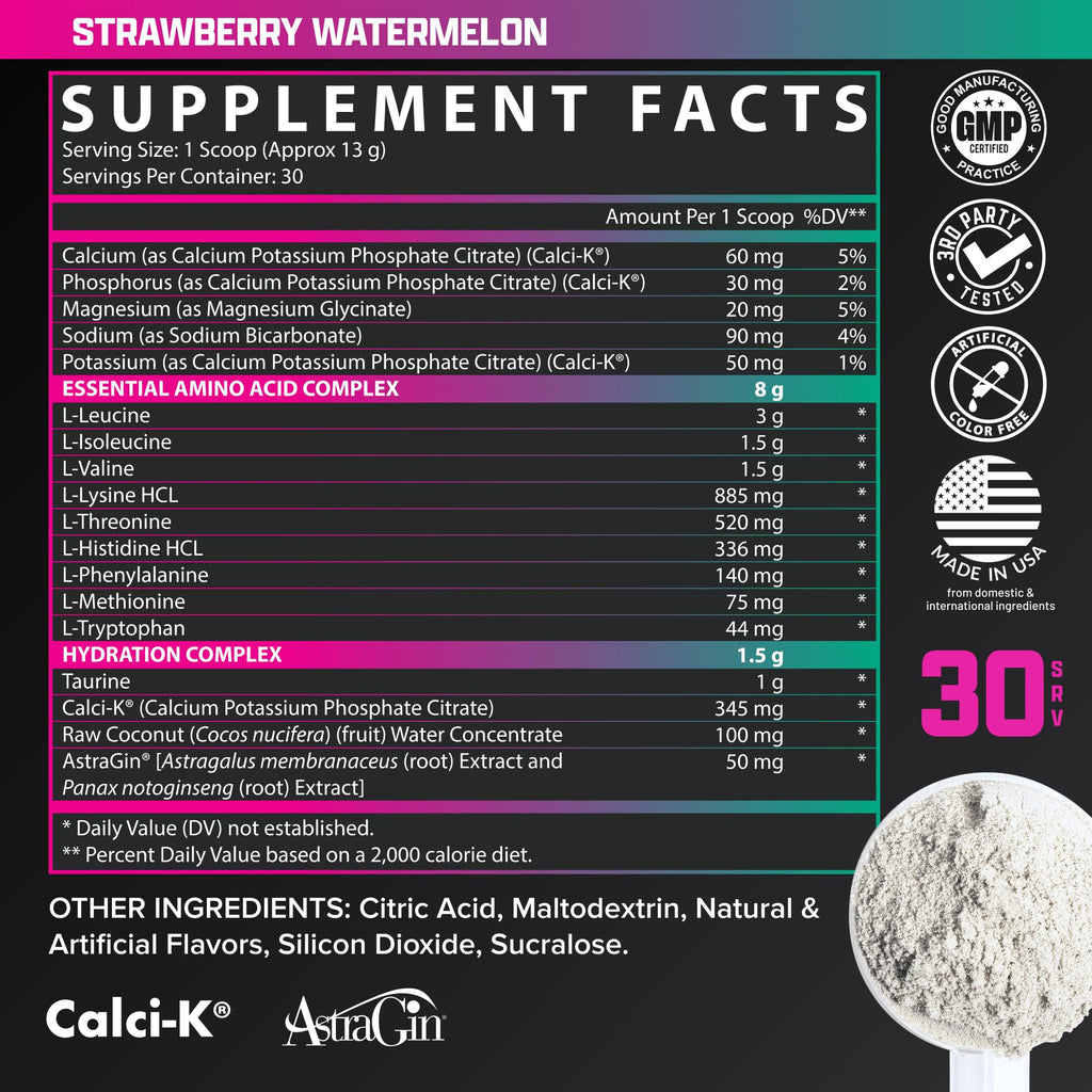 Nutrex Research EAA Hydration | EAAs + BCAA Powder | Muscle Recovery, Strength, Muscle Building, Endurance | 8G Essential Amino Acids + Electrolytes | Strawberry Watermelon 30 Serving