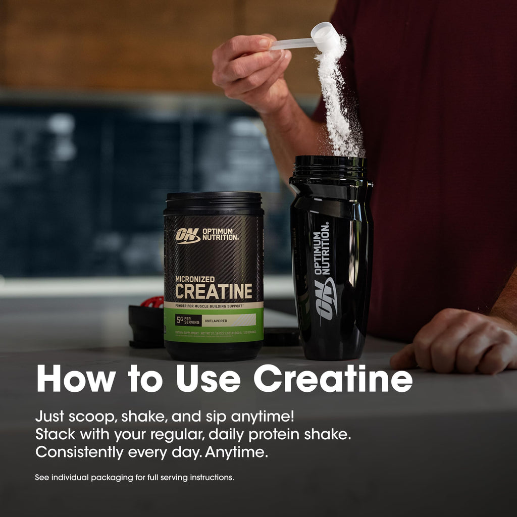 Optimum Nutrition Creatine, Micronized Creatine Monohydrate Powder, Supports Strength & Recovery, Banned Substance Tested, Unflavored, 5g per Serving, 60 Servings | 5g Micronized Creatine Monohydrate Powder Per Serving, Supports Muscle Strength & Power, E