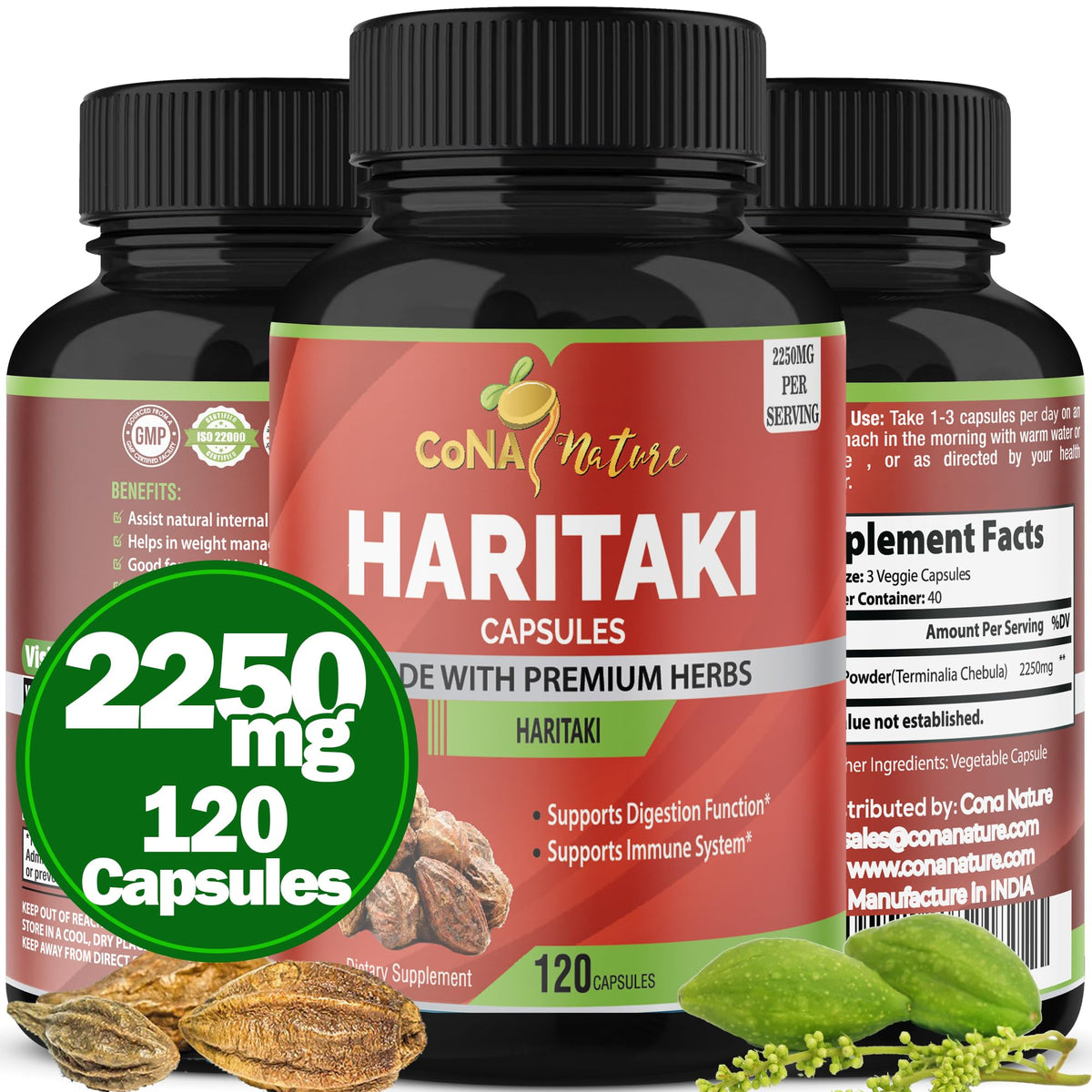 Cona Nature Organic India Haritaki Capsules 2250MG, Rejuvenation, Improving Digestion, Maintains Regularity | Non-GMO Vegan Gluten-Free Herbs and Supplements, 120 Caps