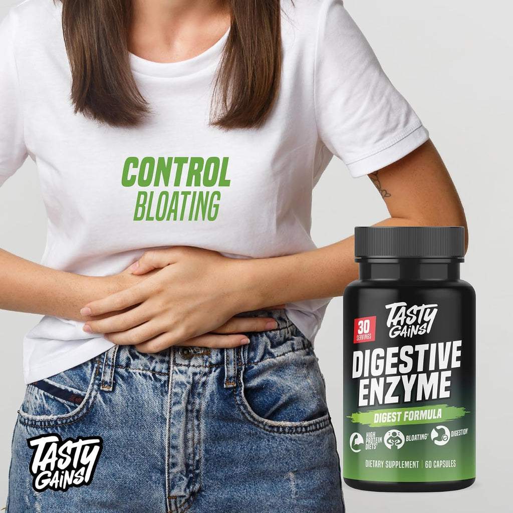 TASTY GAINS - Complete Digestive Enzymes Supplement for Gut Health - Bloating Relief for Men and Women - Enzymes for Digestion - Food Discomfort Relief & Debloat (60 Capsules)