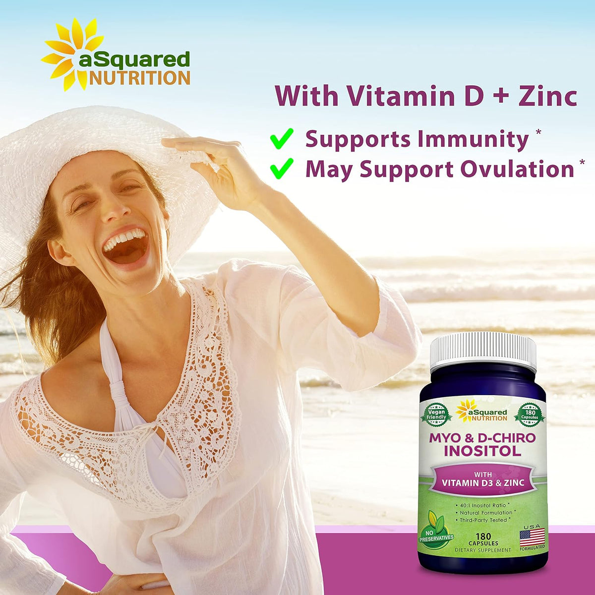 aSquared Nutrition Myo-Inositol & D-Chiro Inositol Supplement - 180 Capsules - Plus Vitamin D3 and Zinc - Myo & D-Chiro Inositol 40 to 1 Ratio - VIT B8 Complex Pills
