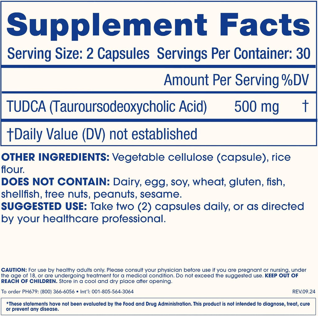 ProHealth Pure TUDCA | Clinically Studied | Third-Party Tested | 500 mg per Serving, 60 Capsules