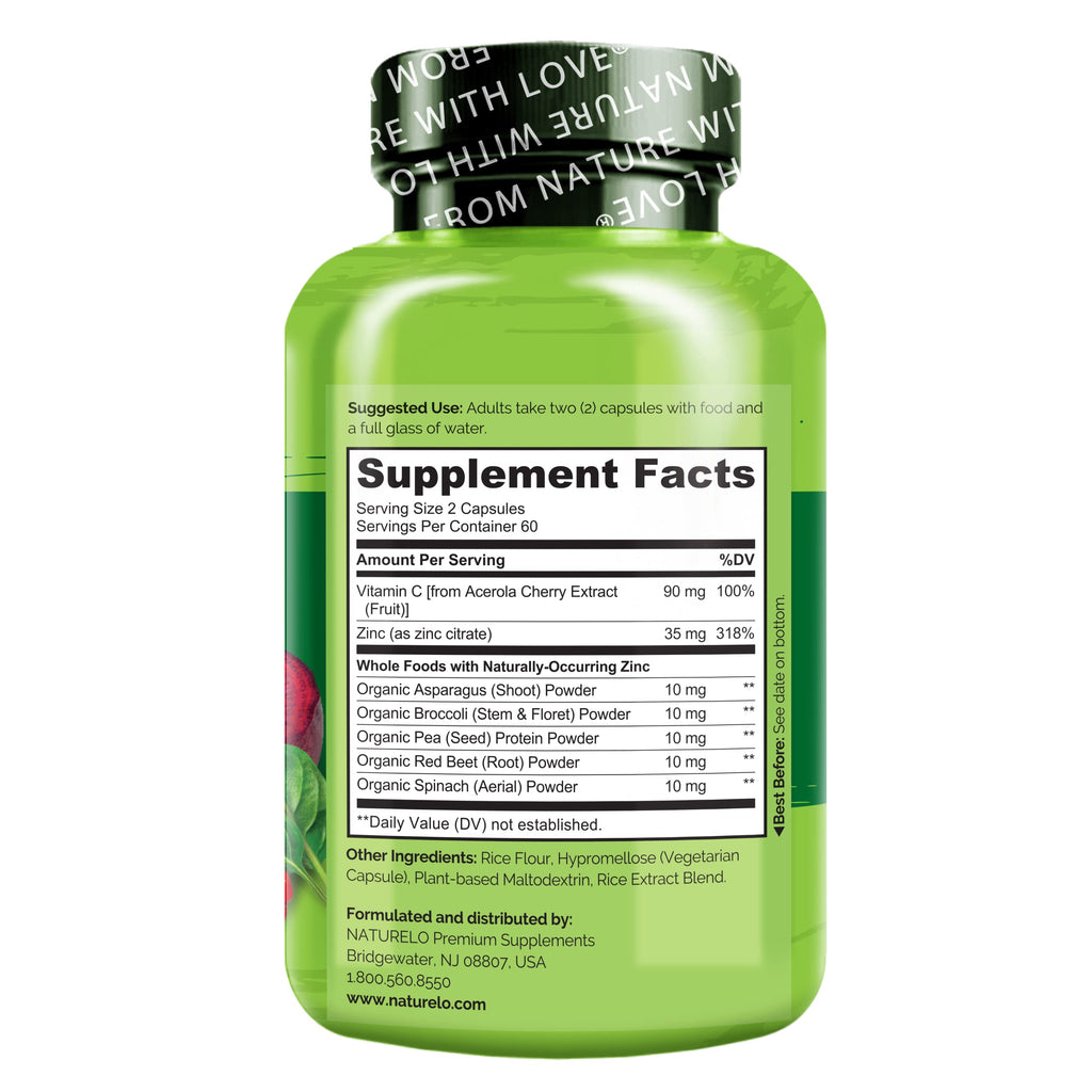 NATURELO Vegan Zinc Immune Support Capsules - Whole Food Complex with Vitamin C for Healthy Skin, Hair, and Nails - 120 Capsules