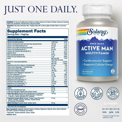 SOLARAY Once Daily Active Man Multivitamin - Cellular Energy and Immune Support Supplement w/Vitamin D, Vitamin C, B12, B6, Zinc, Lutein SOLARAY