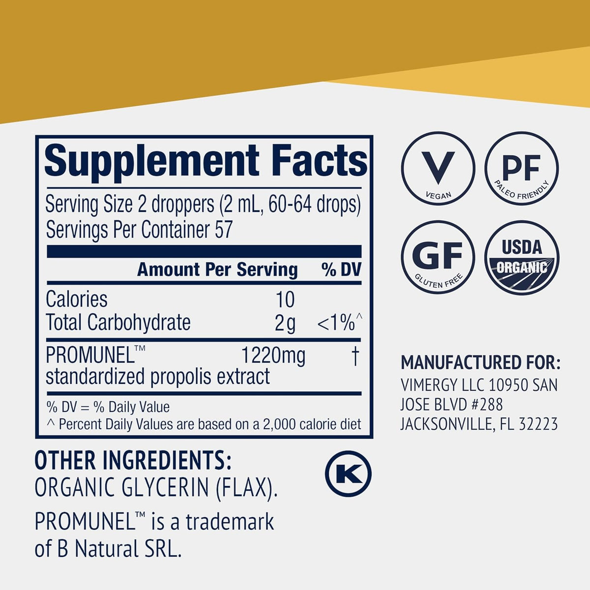 Vimergy PropolisPure® – Supports Immune and Respiratory Health* – Benefits Oral Health* – USDA Certified Organic, Kosher, Paleo-Friendly, Gluten-Free – 115 mL (57 Servings)