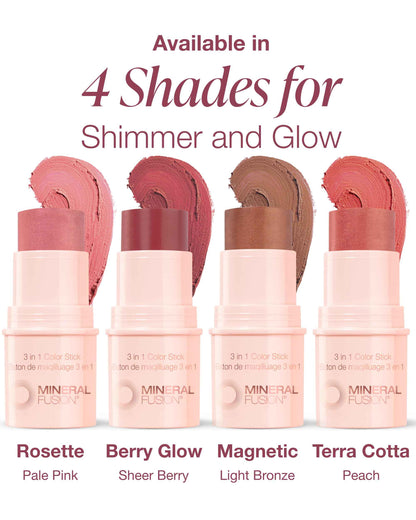 Mineral Fusion 3-in-1 Color Stick - Hydrating Tinted Cream Blush for Cheeks, Lip and Eye - Natural Multi Use Makeup (Berry Glow)