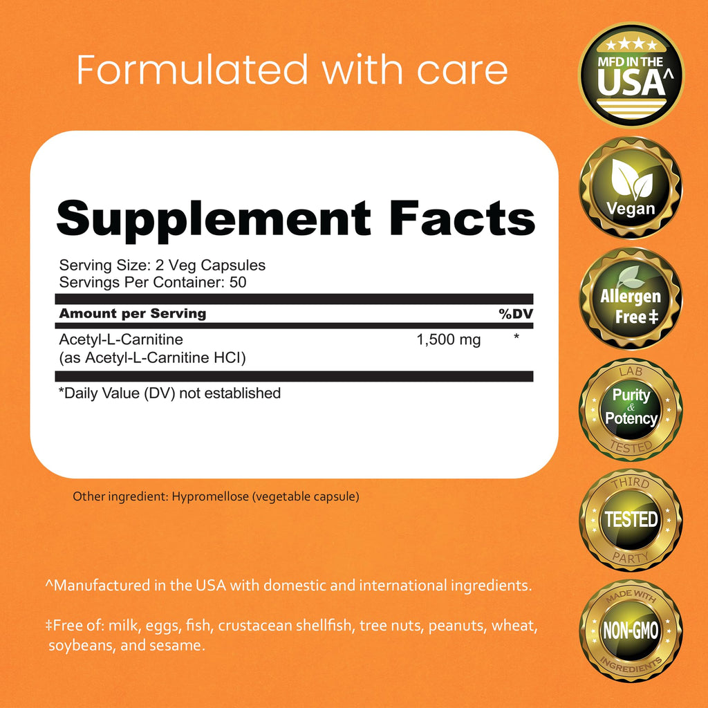NaturaLife Labs Acetyl L-Carnitine (ALCAR) 1500 mg per Serving – 100 Capsules – Non-GMO, Gluten-Free, Vegan