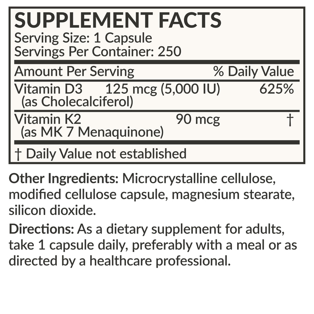 Futurebiotics Vitamin K2 (MK7) with D3 Supplement - Non-GMO Formula - 5000 IU Vitamin D3 & 90 mcg Vitamin K2 MK-7, 120 Vegetarian Capsules