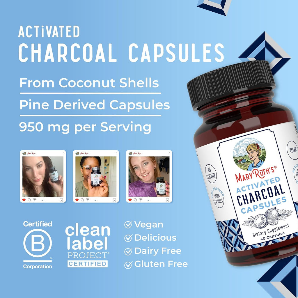 MARYRUTH'S Activated Charcoal Capsules 950 mg Activated Charcoal | Substance Adsorption | Derived from Coconut Shells | Vegan Capsules from Pine Trees | Non-GMO | Gluten Free | 40 Count