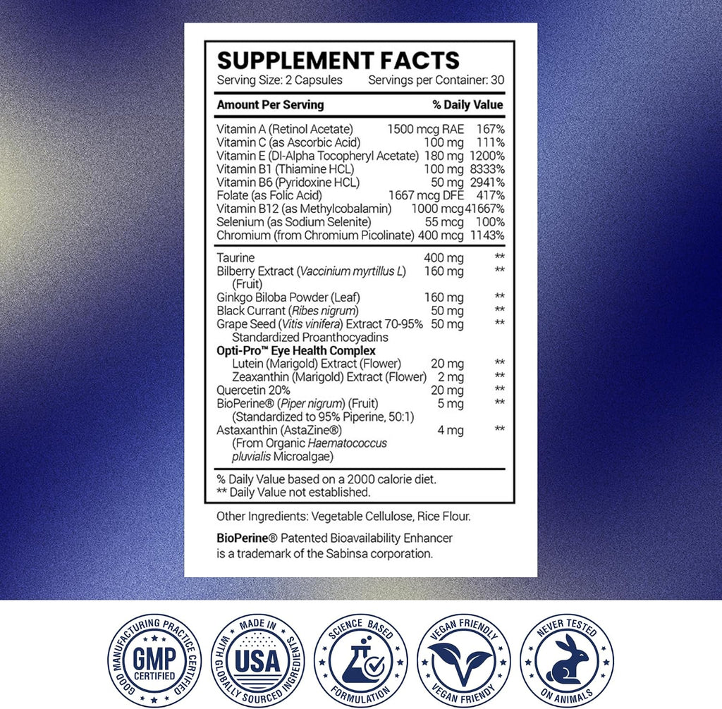 Research Verified Eye Health - Nourish and Protect Eyes and Vision, Support Healthy Retina, Improve Blood Supply to Eyes - Vitamins A, B, C, and E - 60 Capsules - Made in the USA