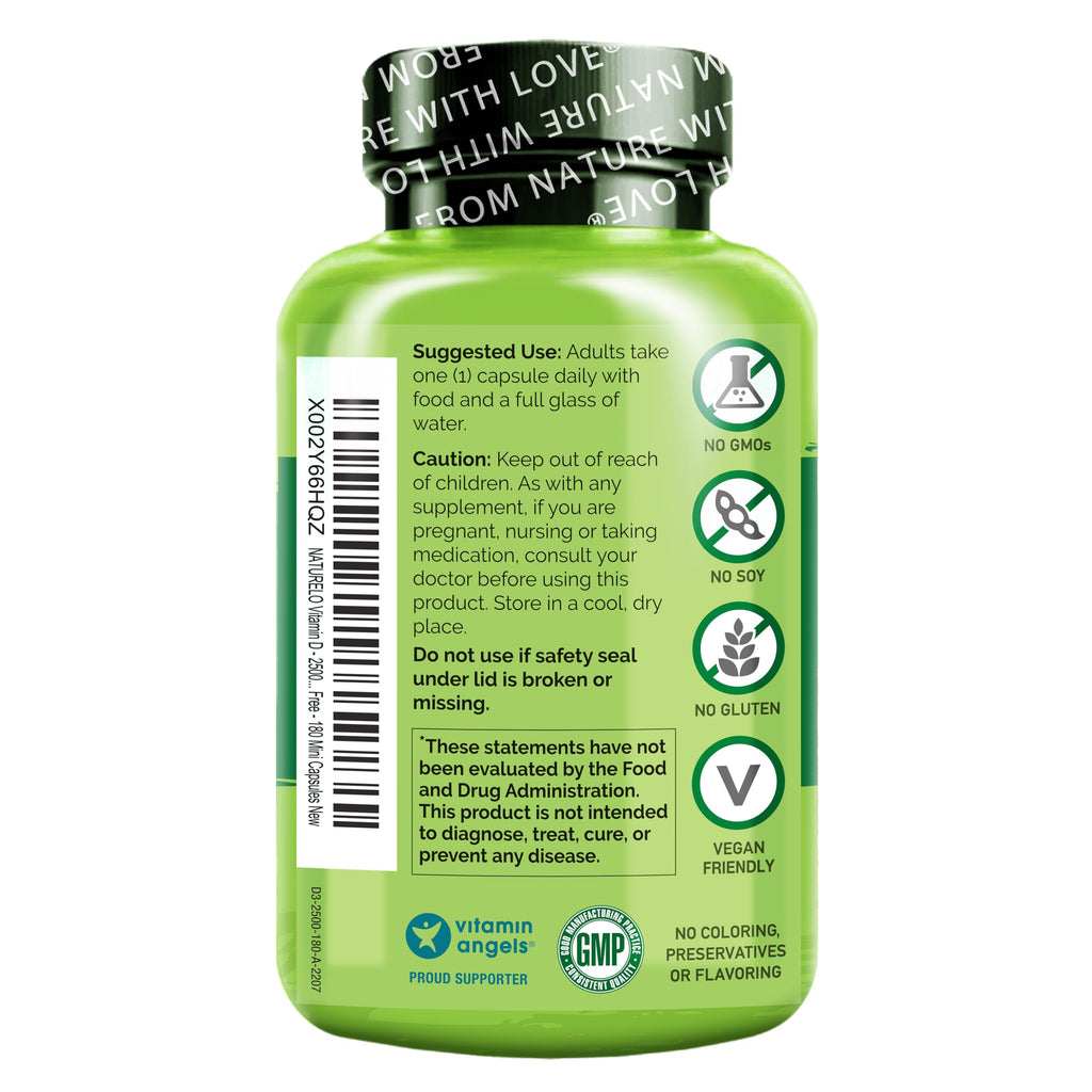 NATURELO Vitamin D - 2500 IU - Plant Based from Lichen - Natural D3 Supplement for Immune System, Bone Support, Joint Health - Vegan - Non-GMO - Gluten Free - 180 Capsules