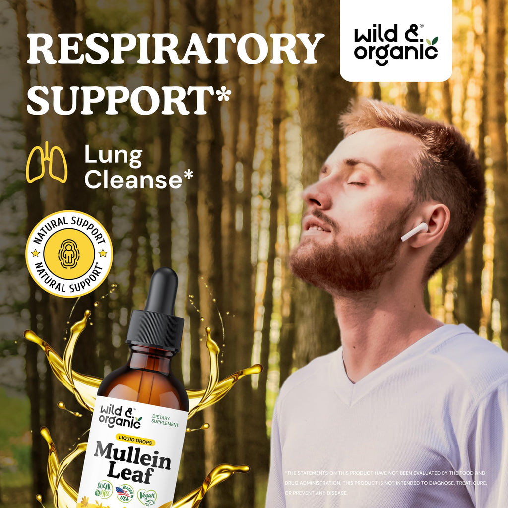 Wild & Organic Mullein Drops for Lungs - Cleanse and Detox - Liquid Mullein Leaf Extract for Lungs with Echinacea - Add to Tea - Verbascum Thapsus Tincture - Sugar & Alcohol-Free Supplement - 4 fl oz