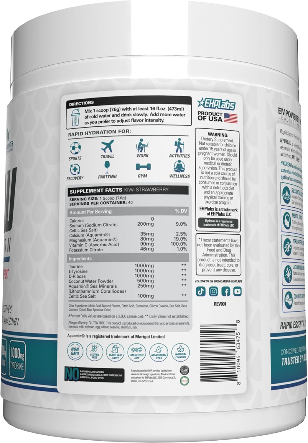 EHP Labs Hydreau Electrolytes Powder No Sugar - Hydration Powder for Endurance & Energy - Electrolyte Powder for Men & Women - Sugar Free Electrolytes - Kiwi Strawberry (40 Serves)